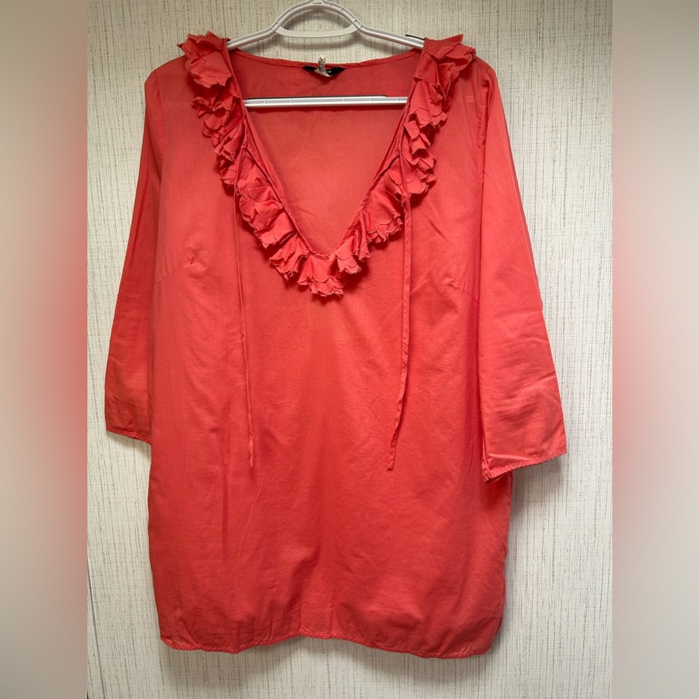 J Crew Coral Pink Cotton Pink Ruffle Oversized Sheer Top Beachy Coastal Resort